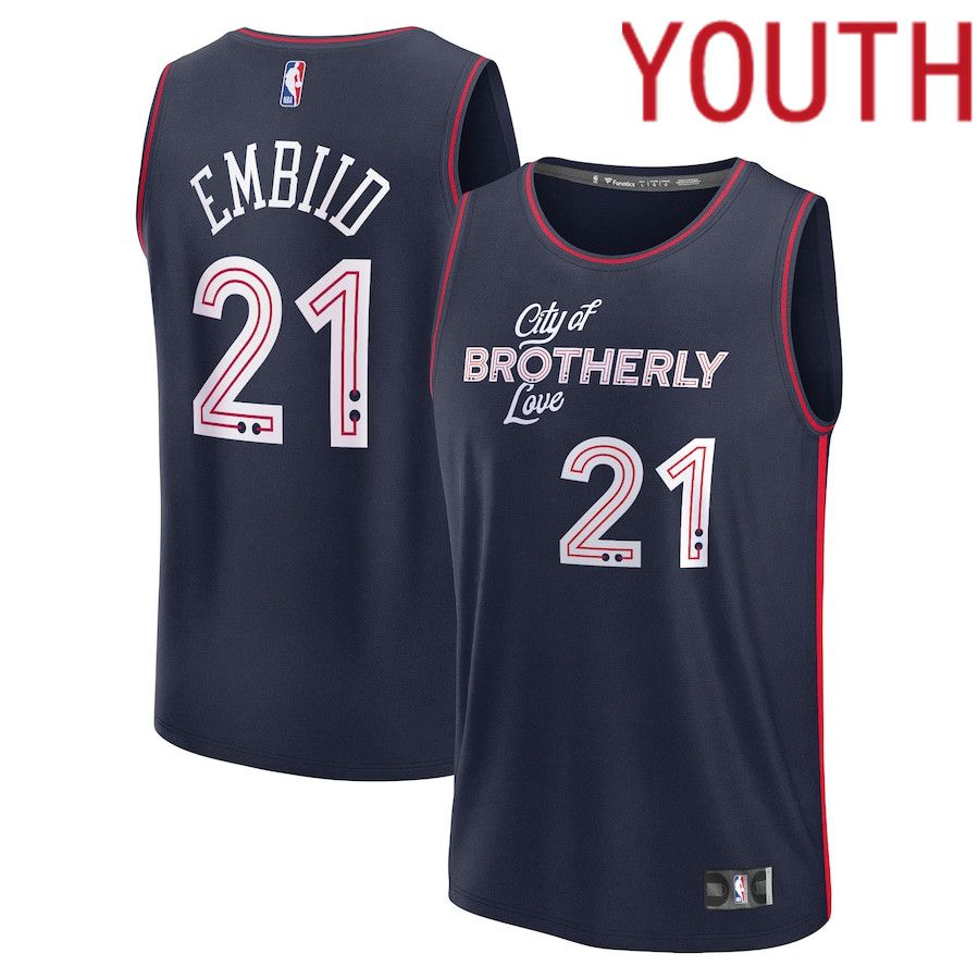Youth Philadelphia 76ers 21 Joel Embiid Fanatics Branded Navy City Edition 2023-24 Fast Break NBA Jersey